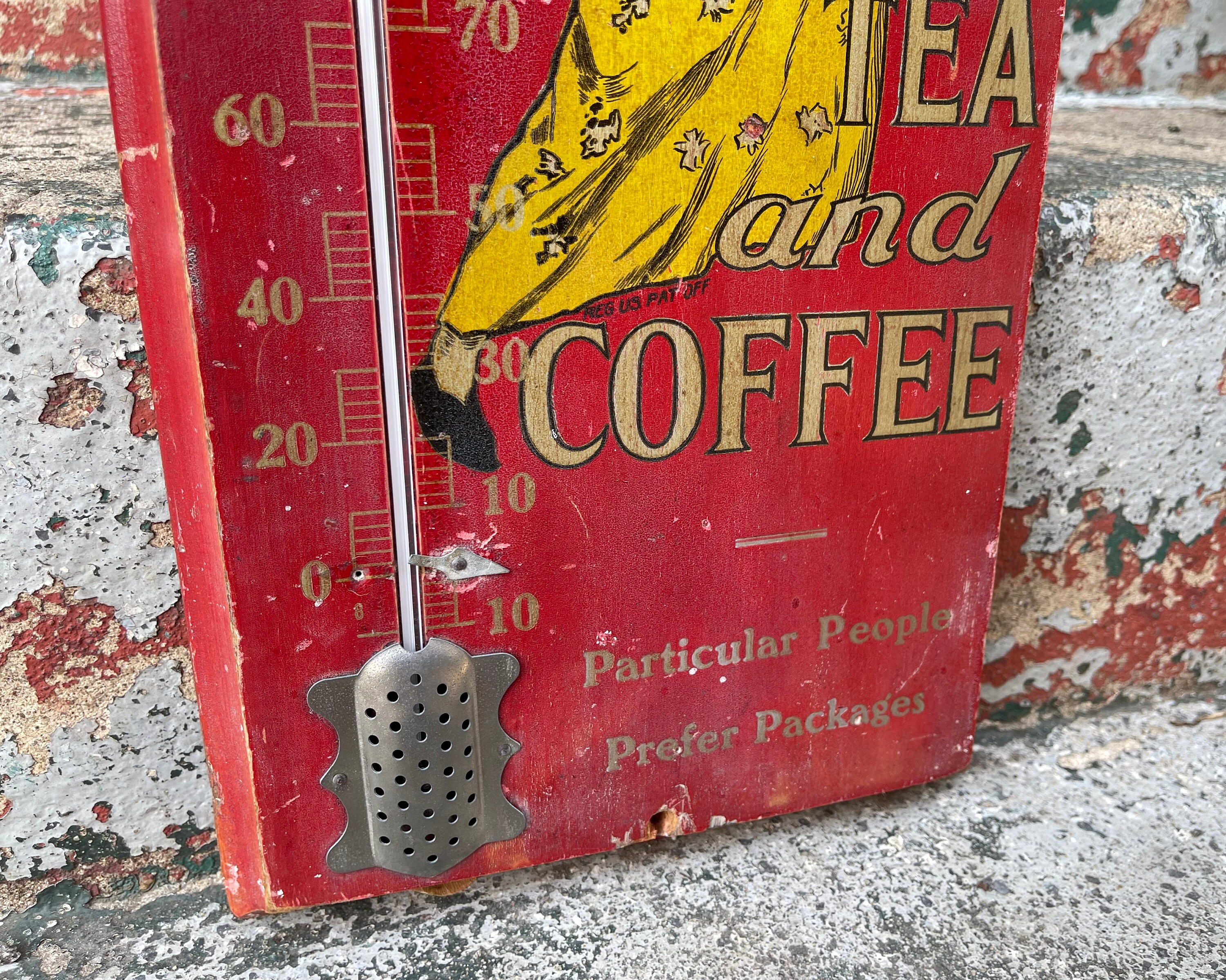 Antique Hills Bros Coffee Wooden Advertising Thermometer