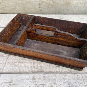 Primitive Wooden Tray, Antique Cutlery Box, Table Organizer, Wood Box, Cubby Box, Divided Tray, Kitchen Utensil Holder, Rustic Country Decor