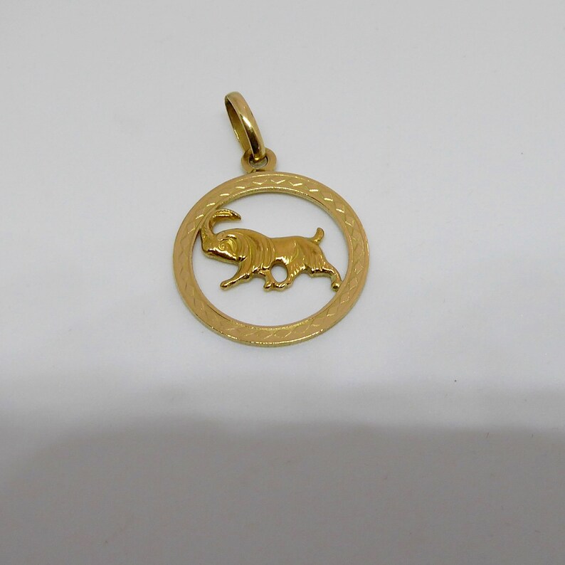 May include: A gold-colored pendant featuring a detailed depiction of the Capricorn zodiac sign, a goat with horns, within a circular frame.