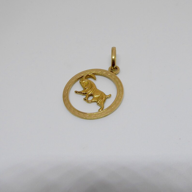 May include: Gold-toned pendant featuring a detailed depiction of the Capricorn zodiac sign, a goat with horns, within a circular frame.