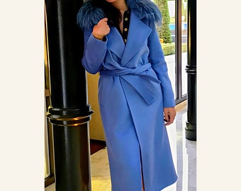 Baby Blue Fur Wool Coat Royal Blue Wool Cashmere Coat Woman Long Wool Coat Anysize Plus size  Xs Wool Coat 40s wool coat