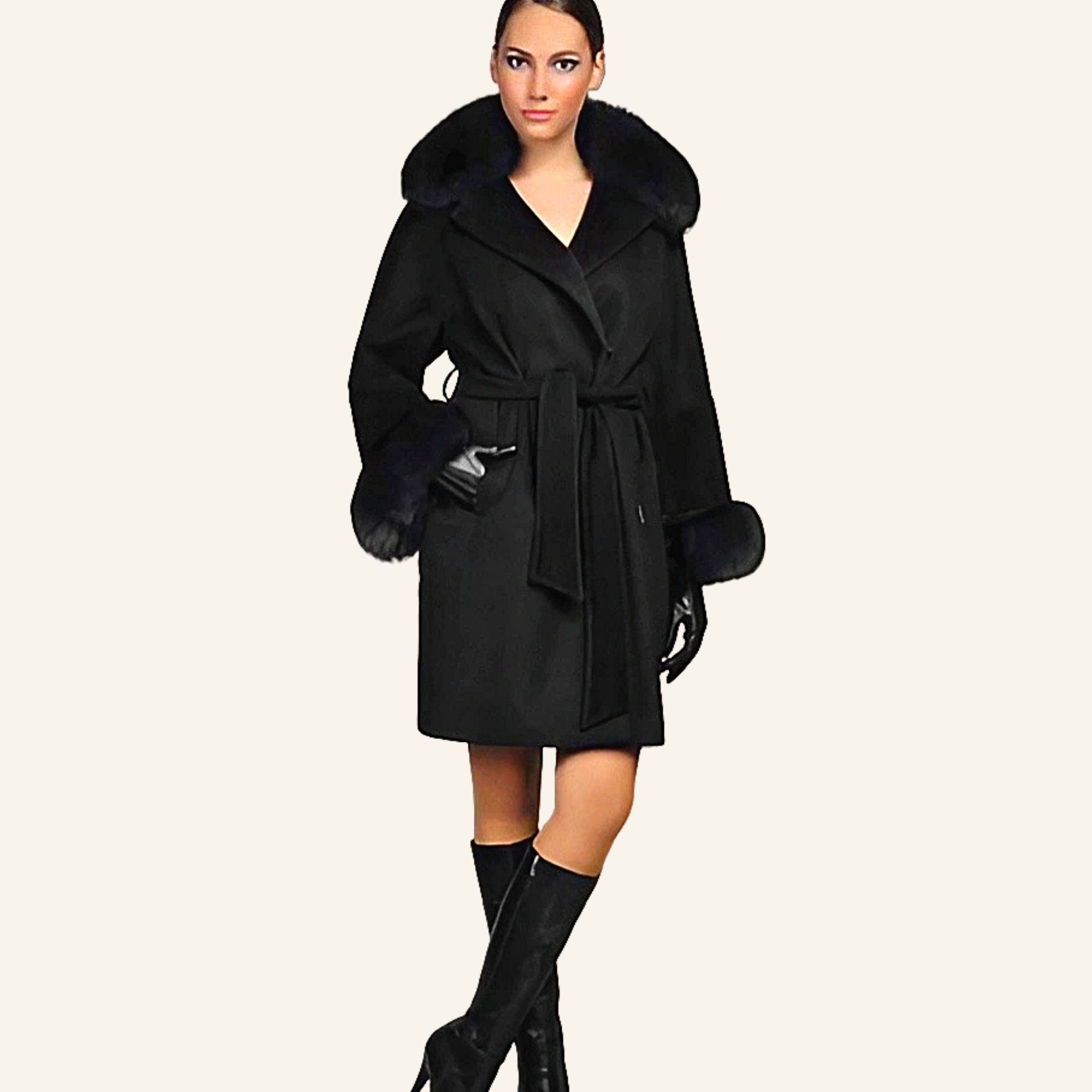 Light Pink Wool Cashmere Coat With Removable Real Fox Fur Collar and