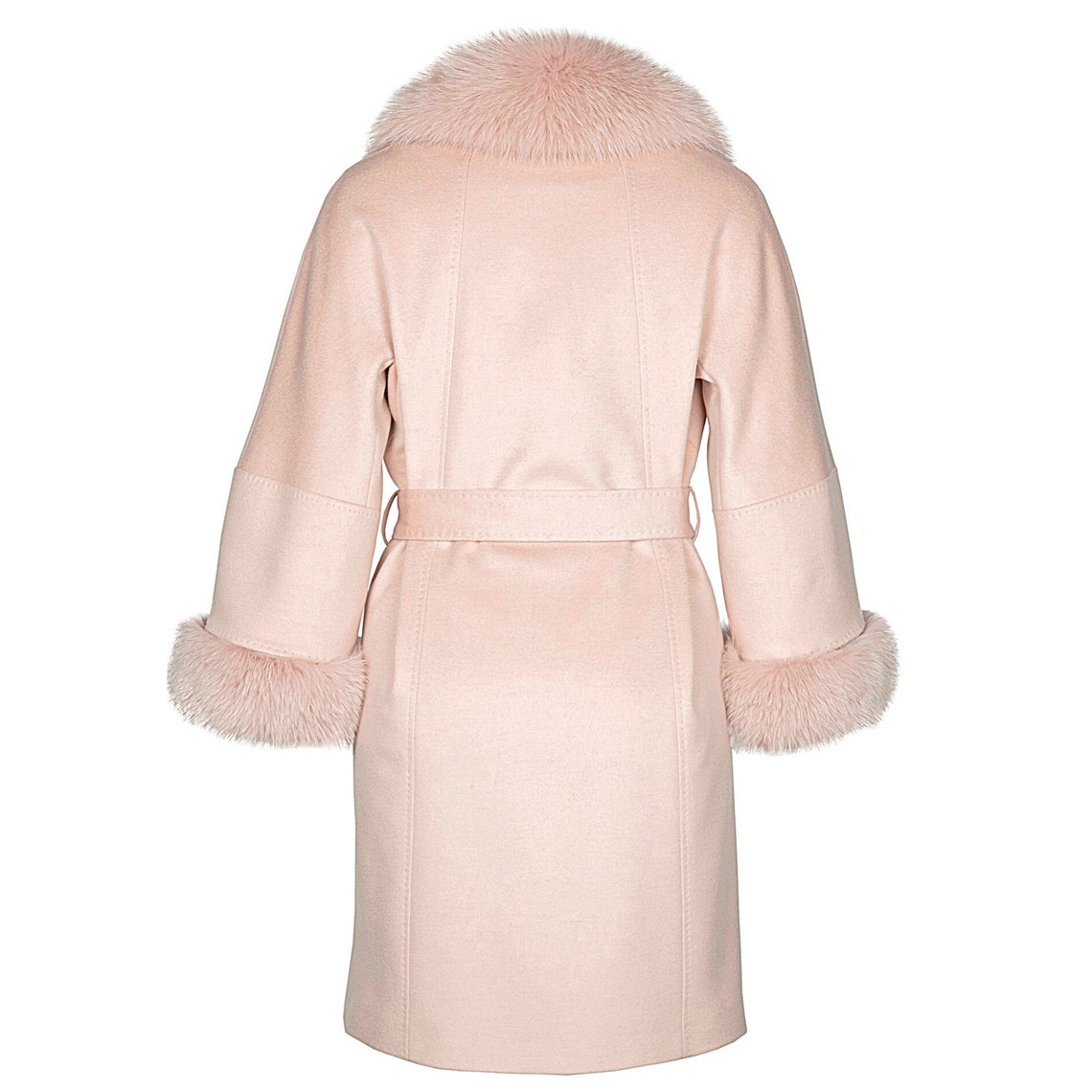 Light Pink Wool Cashmere Coat With Removable Real Fox Fur Collar and