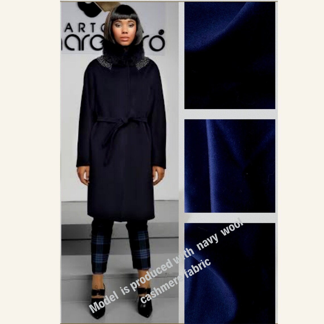 Navy Wool Cashmere Coat Fabric DIY for Woman Man Coat Cape Shawl Pancho