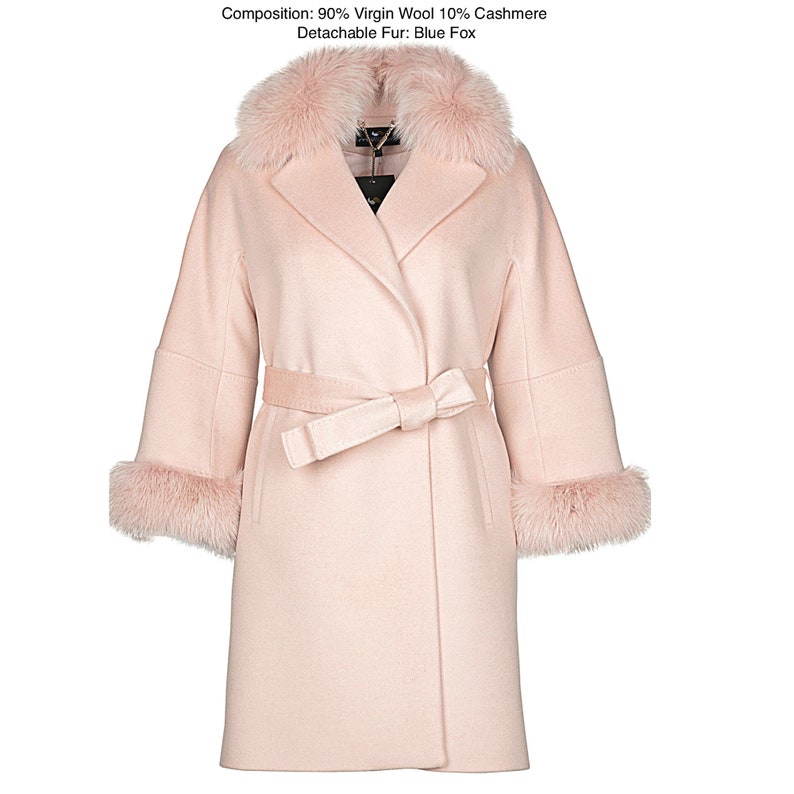 Light Pink Wool Cashmere Coat With Removable Real Fox Fur Collar and