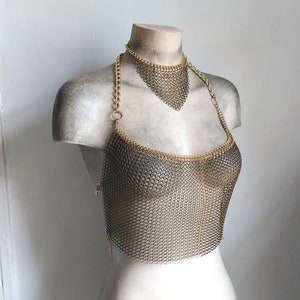 Gold Brass Long Halter Chainmail Harness Warrior Queen Festival Top