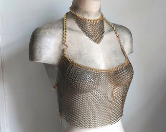 Gold Brass Long Halter Chainmail Harness Warrior Queen Festival Top