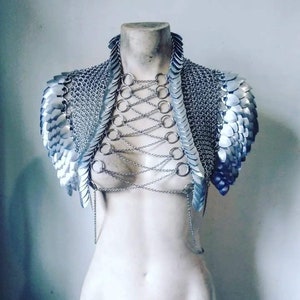 Silver Scalemail Chainmail Harness Shoulder Pauldrons Shroud + Necklace Armour Metal Burningman OAK Viking Valykire  Costume