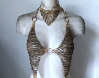 Gold Brass Halter Chainmail Harness Warrior Queen Festival Top