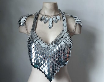 Silver Scalemail Chainmail Bikini Top Necklace Harness Shoulder Pauldrons *ONE OF A KIND* Armour Metal
