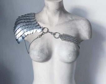 Warrior Scalemail Chainmail One Shoulder Harness Adjustable Neck Piece Burning Man Dragon scales Armour Metal Shiny
