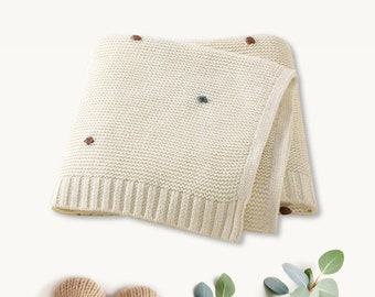 Knitted Baby Blanket - Cream with Colourful Bobble Detail