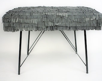 Gray fringy bench, Leather fringe bench grey, two seater, steel frame bench with leather cover