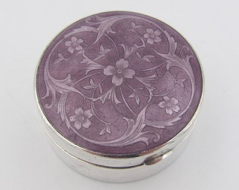 Sterling Silver big round pill box in vintage style with plant engraving design
