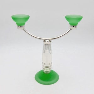 French Christofle Alexandrie Candle Holder in Silverplate with Green Glass Accents