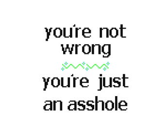 You're Not Wrong, You're Just An As*hole - CROSS STITCH - Kits and Pillows - 8" x 10" - Embroidery - Needlepoint - DIY