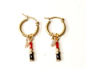 Freshwater Pearls and Lipstick Gold Hoop Earrings, Charm Earrings, Gold Hoop Earrings