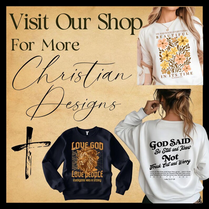 Puede incluir: Tres sudaderas con tem&aacute;tica cristiana diferentes. La primera sudadera es negra con un gr&aacute;fico de le&oacute;n y el texto "Love God Love People Everyone Has A Story". La segunda sudadera es blanca con el texto "God Said Be Still and Know Not Freak Out and Worry" y un vers&iacute;culo b&iacute;blico. La tercera sudadera es blanca con un dise&ntilde;o floral y el texto "He Has Made Everything Beautiful In Its Time".