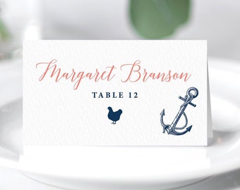 Nautical Place Cards, Coral Navy Blue Wedding Seating Cards for Beach Destination Wedding, Escort Card, Folded Tent Card >PRINTED Place Card