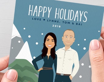 Portrait Holiday Card, Custom Cartoon Couple with Dog Portrait, Personalized Holiday Cards 5x7, Custom Family Portrait