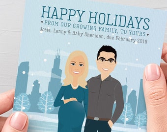 Holiday Pregnancy Announcement Card, Custom Portrait Holiday Cards, Printed Christmas Card 5x7, Custom Family Portrait
