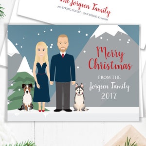 Newlywed Portrait Holiday Card / Christmas Card Custom Family Portrait, Family, Huskie Pet Portrait Illustration ▷ Printed {or} Printable