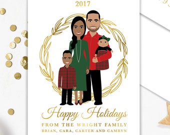 First Christmas Card Portrait / Custom Family Portrait Holiday Card / Personalized Baby Cartoon Illustration ▷ Printed Paper {or} Printable