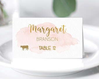 Gold and Blush Place Cards, Pink Blush Watercolor Wedding Seating Cards, Faux Gold Escort Cards, Folded Tent Card  > PRINTED Place Card
