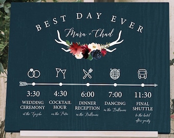 Rustic Schedule of Events Sign, Wedding Agenda, Burgundy Navy Boho Wedding Schedule Print > PRINTED Sign for Wedding {or} Printable Sign