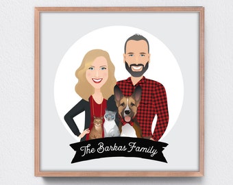 Custom Portrait Sign, Couple with Pet Portrait, Dog Illustration & Cat Portrait, Personalized Family Print, Housewarming Gift Idea