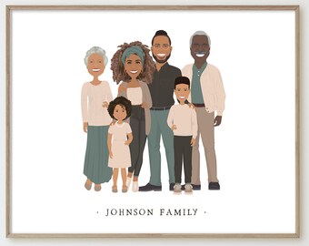 Retrato familiar personalizado con niños > Ilustración familiar personalizada en blanco, Idea única de regalo familiar para padres, niños o abuelos