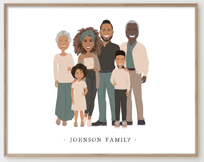 Custom family portrait with children > Personalized family illustration on white, Unique family gift idea for parents, kids or grandparents