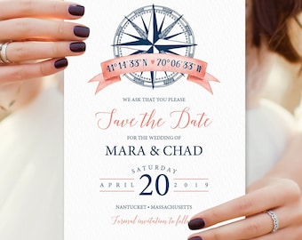 Nautical Save The Date, Coral Navy Blue Wedding Card for Beach Destination Wedding, PRINTED STDs or printable cards