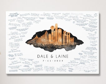 DALLAS SKYLINE wedding guest book alternative, Personalized wall art gift, Custom city guestbook, Copper & onyx black watercolor guest book