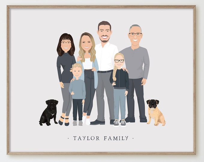 Retrato familiar personalizado con niños > Ilustración familiar personalizada en colores neutros, Regalo único para abuelos o familia con niños