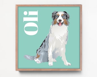 Dog Portrait Custom Art, Personalized Dog Portrait Canvas, Australian Shepherd Gift Idea for Dog Mom, Blue Merle Pet Art