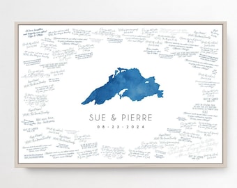 wedding GUEST BOOK alternative with custom lake shape, Lake Superior wedding map guestbook, deep blue watercolor art for wedding {mfl}