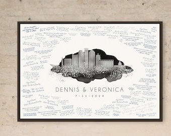 Wedding Guest Book Alternative, Denver Colorado skyline guestbook, silver and onyx black watercolor, Canvas sign for wedding