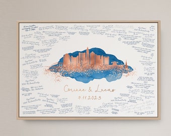 Wedding Guest Book Alternative, Columbus Ohio skyline guestbook, Rose Gold on Deep Blue watercolor, canvas to sign at a wedding reception