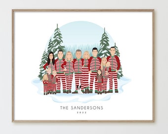 Christmas Pajama Family Portrait > Personalized Matching Christmas Pajamas Cartoon Art Print  • Unique Christmas Gift for Mom • WINTER SCENE
