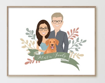 Family portrait illustration > Custom cartoon portrait with dog, Drawing from photo with golden doodle, Canvas or paper, Anniversary gift