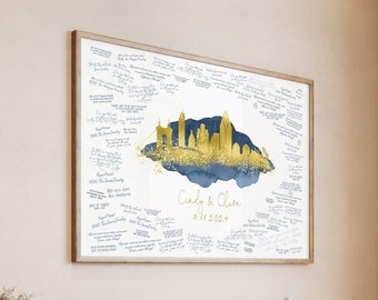 Wedding Guest Book Alternative • Cincinnati Skyline Wall Art • Ohio Canvas Guestbook Gift • Faux Gold & Cobalt Blue Watercolor