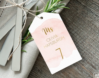 Gold and Blush Place Cards, Pink Blush Watercolor Wedding Seating Tags with String, Faux Gold Escort Cards  > PRINTED Place Cards