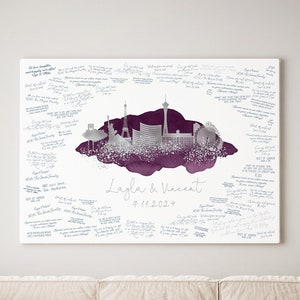Wedding Guest Book Alternative > Las Vegas skyline sign, Silver on Royal Purple watercolor art print, Wedding guestbook canvas