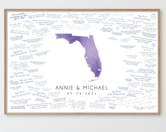 Wedding GUEST BOOK alternative > Florida state map guestbook for Miami wedding, Lavender or amethyst purple watercolor art {mfo}