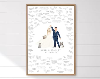 Wedding guest book alternative canvas • Custom portrait cartoon with pets • Couple dancing art • Personalized first dance drawing from photo