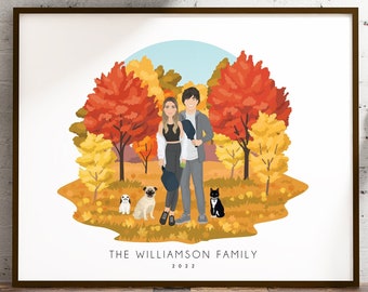Custom Couple Cartoon Portrait with Pets > Personalized dog Mom cartoon wall art  • Unique pickleball Christmas gift for couple • FALL SCENE