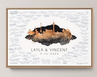 Wedding Guest Book Alternative > Las Vegas skyline sign, Copper on Onyx Black watercolor art print, Wedding guestbook framed canvas