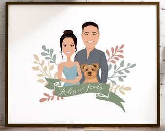 Family portrait sign > Personalized drawing from photo, Custom cartoon portrait with yorkie dog, Framed canvas or paper, Anniversary gift