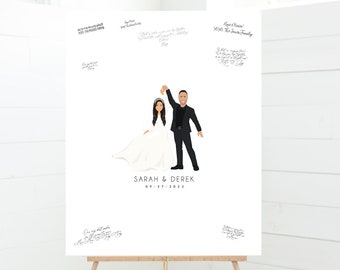 Guest book alternative wedding canvas • Custom cartoon portrait in wedding dress and tuxedo • Personalized couple dancing drawing from photo
